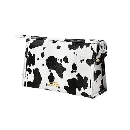 BEARKY Waterproof PU Cow Pattern Pretty Makeup Bags Portable Travel Leather Makeup Pouch